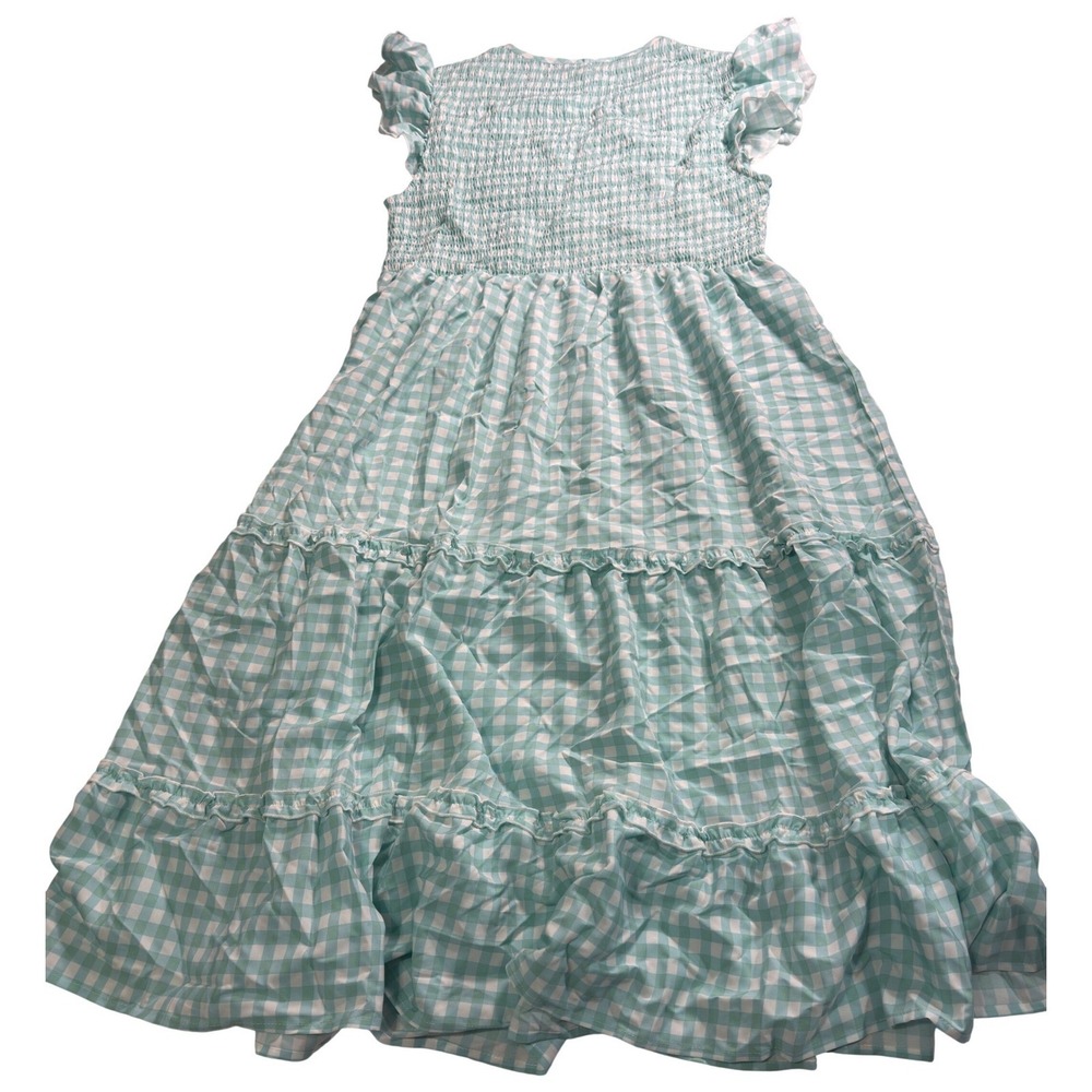 KOJOOIN Gingham Smocked Maxi Dress Ruffle Sleeve Tiered Mint Green XL - Picture 8 of 8